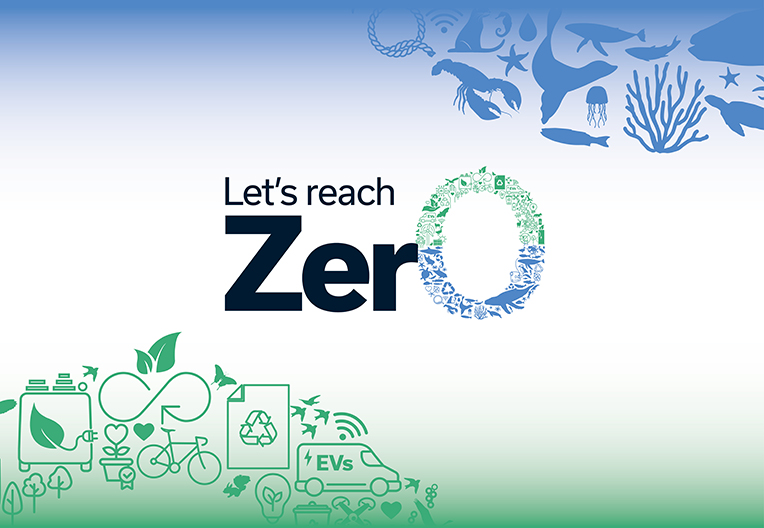 Let's reach Zero graphic with blue and green vehicles and animals