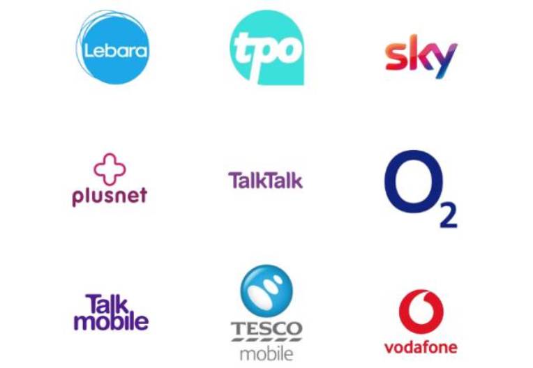 Compilation logo of various service providers including Lebara, TPO, Sky, Plusnet, TalkTalk O2, TalkMobile, Tesco Mobile & Vodafone