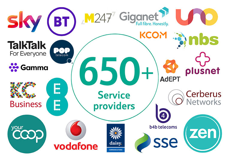 Compilation logo of various service providers including Lebara, TPO, Sky, Plusnet, TalkTalk O2, TalkMobile, Tesco Mobile & Vodafone