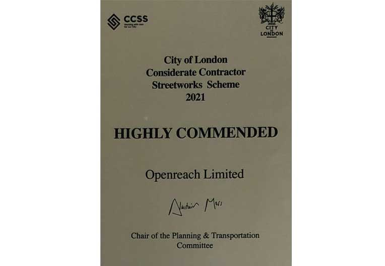 Openreach City of London Considerate Contractor Streetworks scheme Gold award 2021