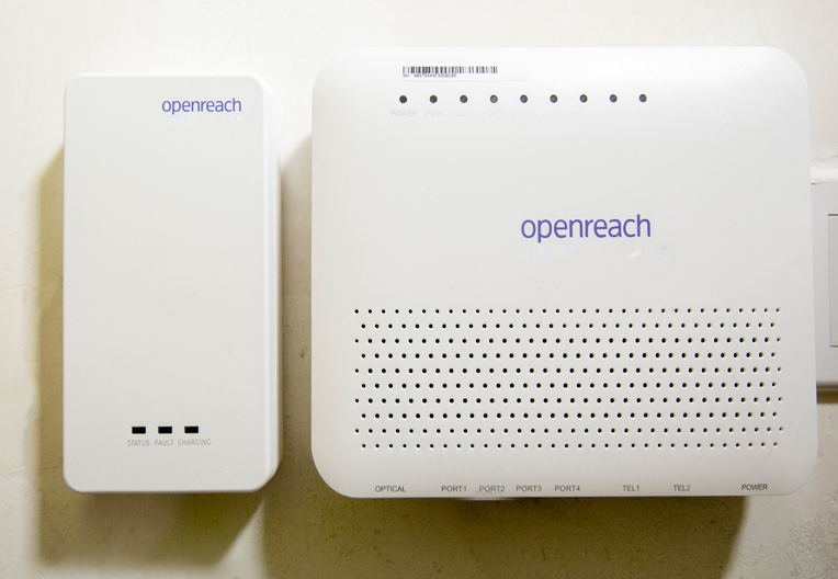 Openreach Optical Network Termination unit (ONT) and battery back-up unit