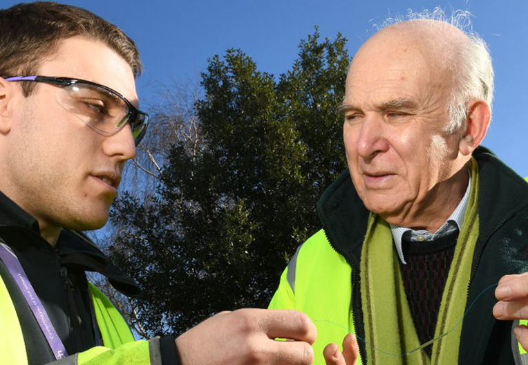 Sir Vince Cable with an Openreach engineer