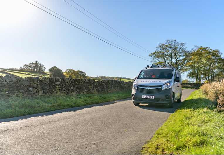 Openreach van on a country road Openreach van on a country road