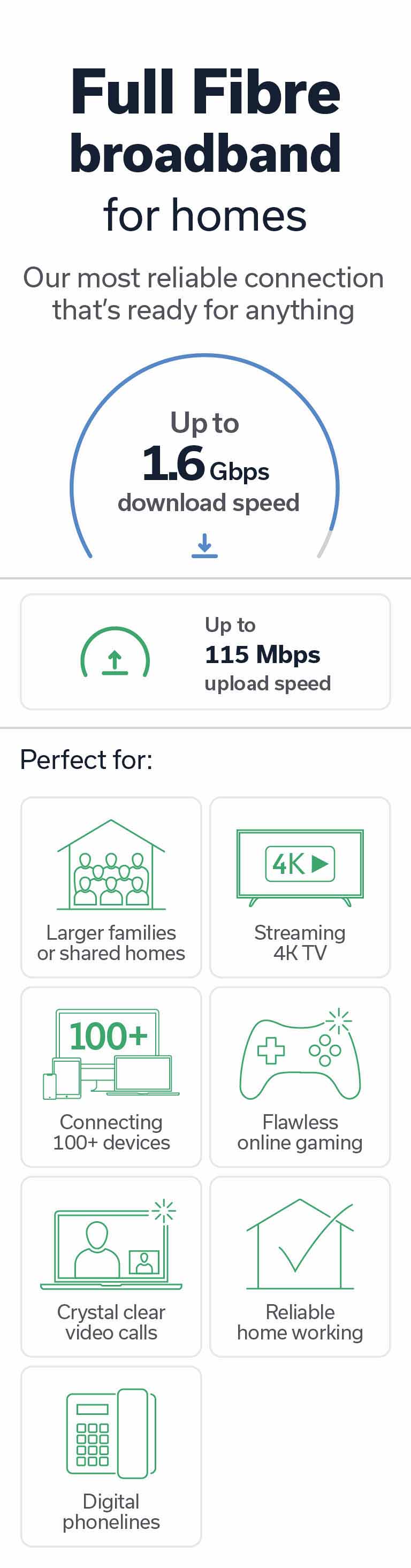 Full Fibre broadband for homes product card with icons