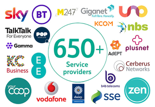 Ultrafast Full Fibre for homes logo graphic of various service providers