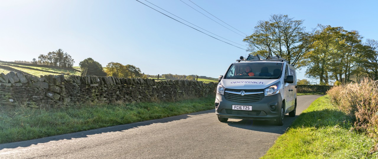 Openreach van on a country road