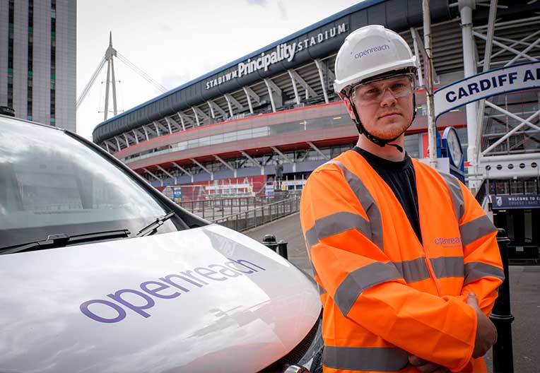 Openreach engineer and van in front of Principality stadium in Wale