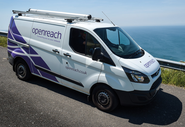 Openreach van moving across Weymouth